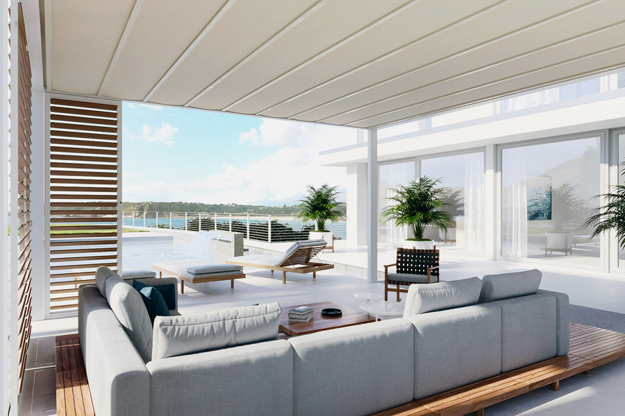 Innenansicht helle Pergolamarkise auf Terrasse mit Couch und Pool als Sommerwohnzimmer