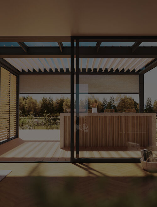 Ansicht aus Wohnzimmer auf Lamellendach mit Außenküche